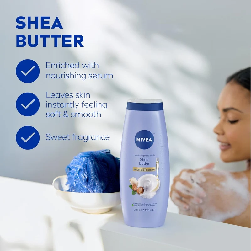 NIVEA Nourishing Shea Butter Body Wash with Nourishing Serum, Moisturizing Body Wash for Women, Enriched Provitamin B5 and Vitamin E, 20 Fl Oz Bottle - 3PK