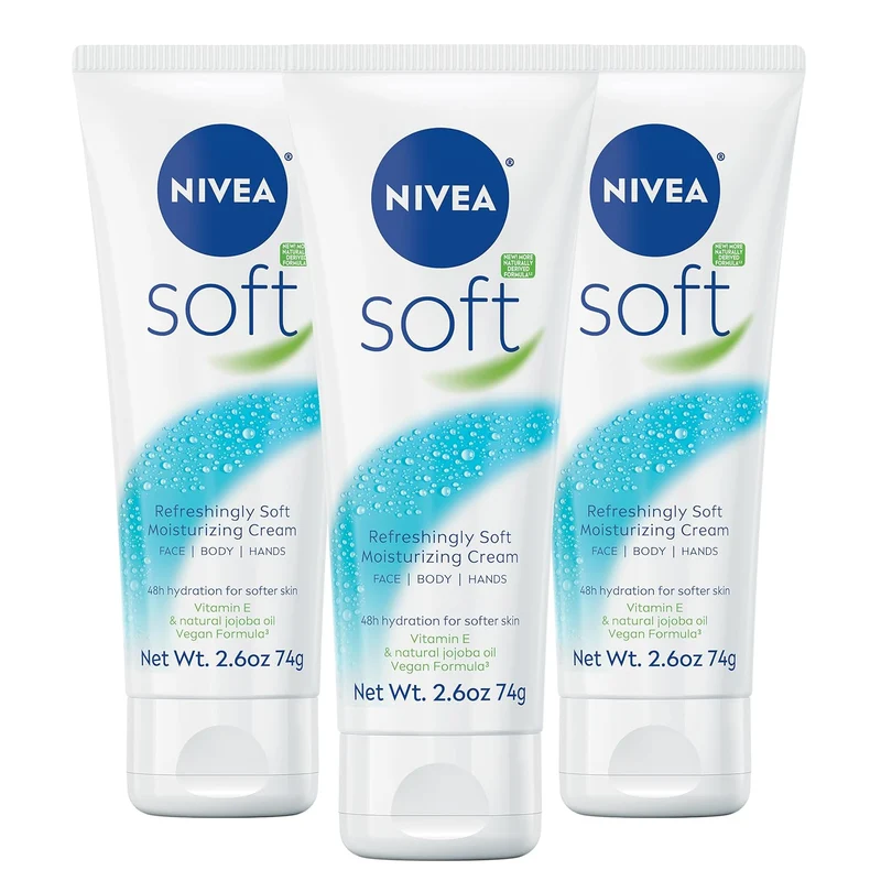 NIVEA Soft Refreshingly Soft Moisturizing Cream, Lightweight Moisturizer for Face, Body and Hands, Body Cream Enriched with Jojoba Oil and Vitamin E, 2.6 Oz Tube, Pack of 3