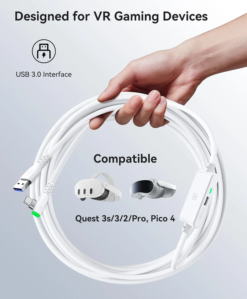 INIU 16ft Premium VR Link Cable with Charging, USB 3.0 Compatible with Meta Quest 3s, Oculus Quest 3/2/Pro, Pico 4, PC VR & Steam VR - Perfect White VR Accessory, Ideal Gift Choice