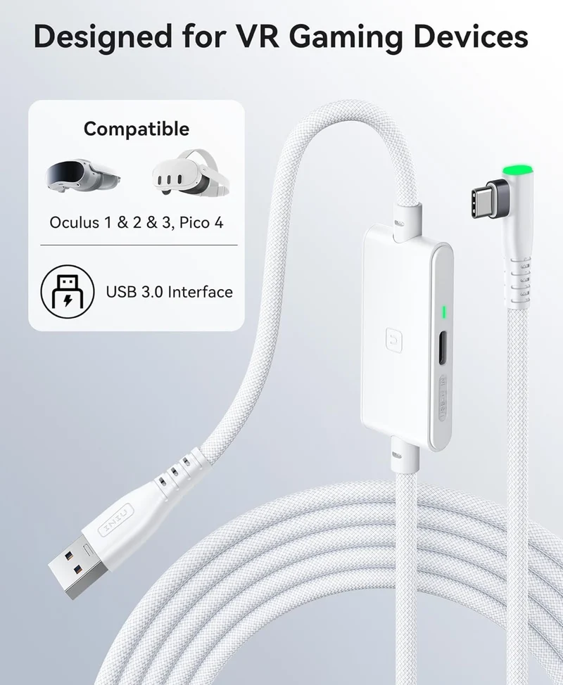 INIU 16ft Premium VR Link Cable with Charging, USB 3.0 Compatible with Meta Quest 3s, Oculus Quest 3/2/Pro, Pico 4, PC VR & Steam VR - Perfect White VR Accessory, Ideal Gift Choice