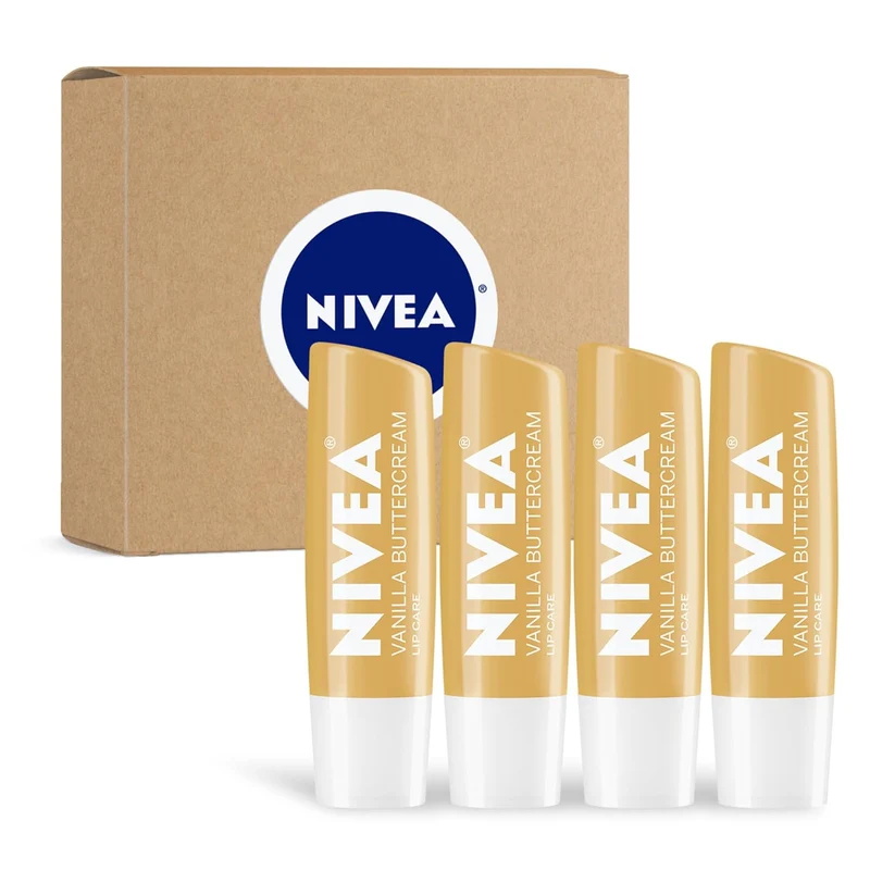 NIVEA Vanilla Buttercream Lip Care, Moisturizing Lip Balm with Shea Butter, Nourishing Oils and Vitamin C & E, 3-in-1 Moisture, Repair and Nourish, 0.17 Oz Stick, Pack of 4