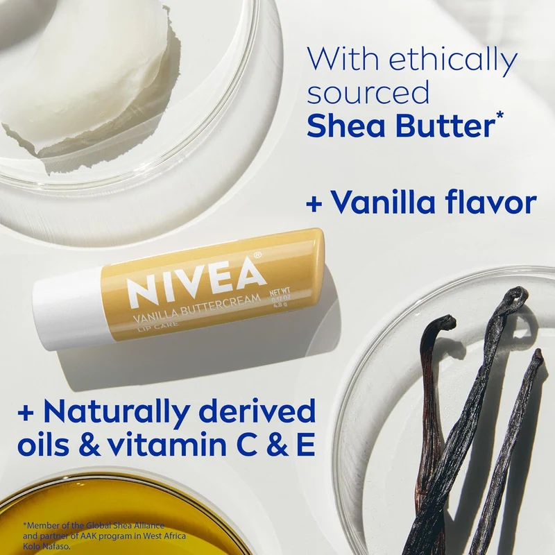 NIVEA Vanilla Buttercream Lip Care, Moisturizing Lip Balm with Shea Butter, Nourishing Oils and Vitamin C & E, 3-in-1 Moisture, Repair and Nourish, 0.17 Oz Stick, Pack of 4