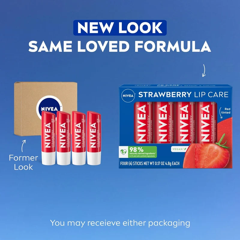 NIVEA Strawberry Lip Care, Tinted Lip Balm Pack with Shea Butter, Nourishing Oils and Vitamin C & E, 3-in-1 Moisture, Repair and Color, 0.17 Oz Stick, Pack of 4