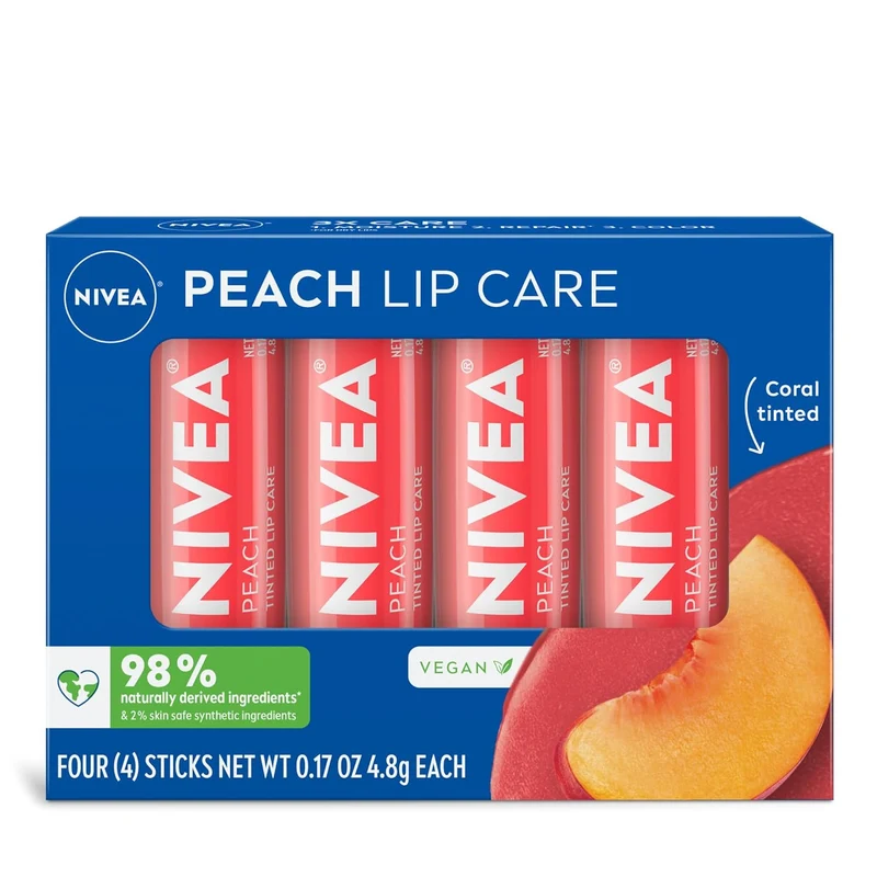 NIVEA Peach Lip Care, Tinted Lip Balm Pack with Shea Butter, Nourishing Oils and Vitamin C & E, 3-in-1 Moisture, Repair and Color, 0.17 Oz Stick, Pack of 4