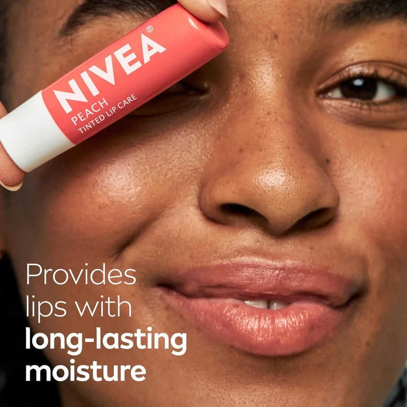 NIVEA Peach Lip Care, Tinted Lip Balm Pack with Shea Butter, Nourishing Oils and Vitamin C & E, 3-in-1 Moisture, Repair and Color, 0.17 Oz Stick, Pack of 4