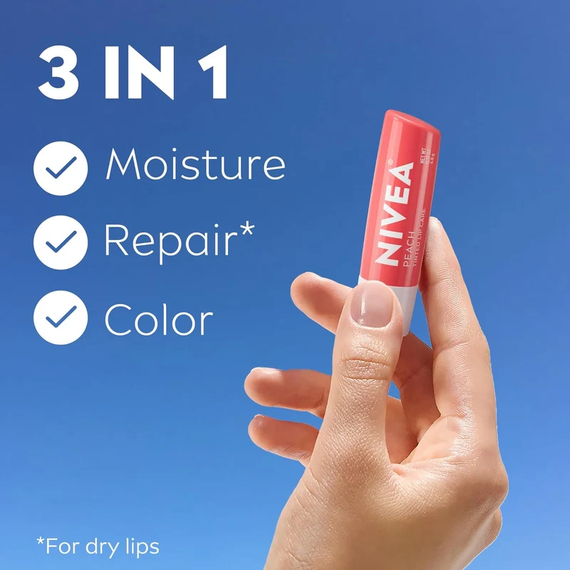 NIVEA Peach Lip Care, Tinted Lip Balm Pack with Shea Butter, Nourishing Oils and Vitamin C & E, 3-in-1 Moisture, Repair and Color, 0.17 Oz Stick, Pack of 4