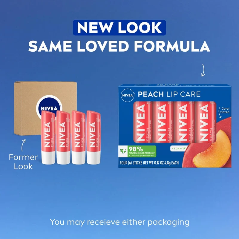 NIVEA Peach Lip Care, Tinted Lip Balm Pack with Shea Butter, Nourishing Oils and Vitamin C & E, 3-in-1 Moisture, Repair and Color, 0.17 Oz Stick, Pack of 4
