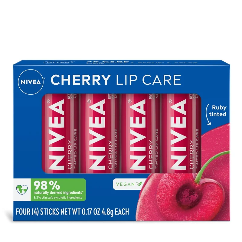 NIVEA Cherry Lip Care, Tinted Lip Balm Pack with Shea Butter, Nourishing Oils and Vitamin C & E, 3-in-1 Moisture, Repair and Color, 0.17 Oz Stick, Pack of 4