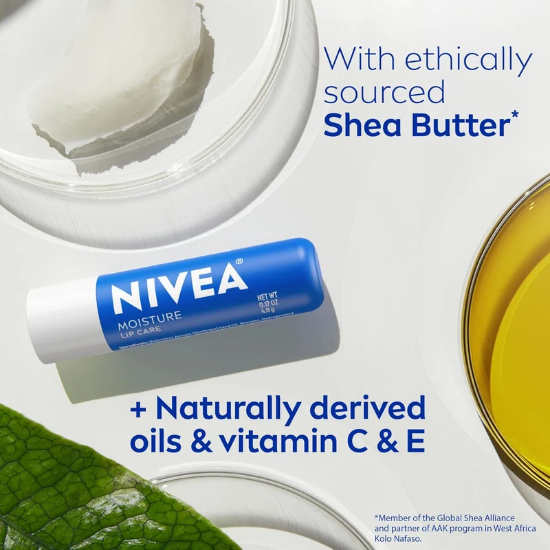 NIVEA Moisture Lip Care, Hydrating Lip Balm with Shea Butter, Nourishing Oils and Vitamin C & E, 3-in-1 Moisture, Repair and Nourish, 0.17 Oz Stick, Pack of 4