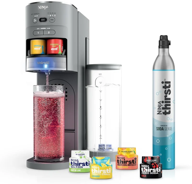 Ninja Thirsti Drink System, Soda Maker, Create Unique Sparkling & Still Drinks, Personalize Size & Flavor, Carbonated Water Machine, 60L CO2 Cylinder & Variety of Flavored Water Drops - Gray