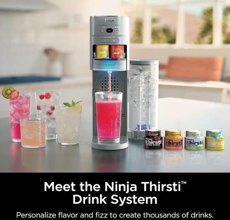 Ninja Thirsti Drink System, Soda Maker, Create Unique Sparkling & Still Drinks, Personalize Size & Flavor, Carbonated Water Machine, 60L CO2 Cylinder & Variety of Flavored Water Drops - Gray