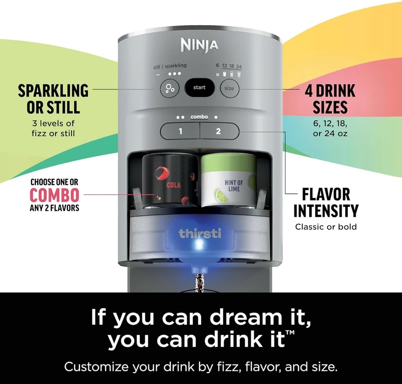 Ninja Thirsti Drink System, Soda Maker, Create Unique Sparkling & Still Drinks, Personalize Size & Flavor, Carbonated Water Machine, 60L CO2 Cylinder & Variety of Flavored Water Drops - Gray