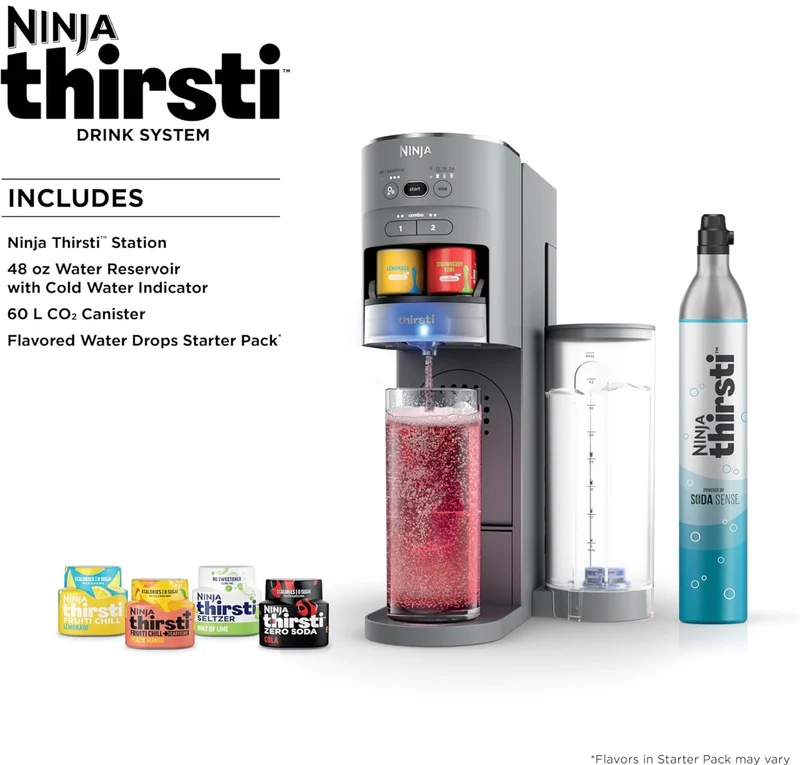 Ninja Thirsti Drink System, Soda Maker, Create Unique Sparkling & Still Drinks, Personalize Size & Flavor, Carbonated Water Machine, 60L CO2 Cylinder & Variety of Flavored Water Drops - Gray