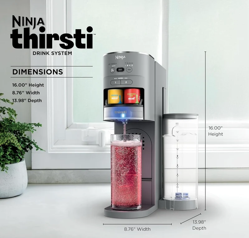Ninja Thirsti Drink System, Soda Maker, Create Unique Sparkling & Still Drinks, Personalize Size & Flavor, Carbonated Water Machine, 60L CO2 Cylinder & Variety of Flavored Water Drops - Gray