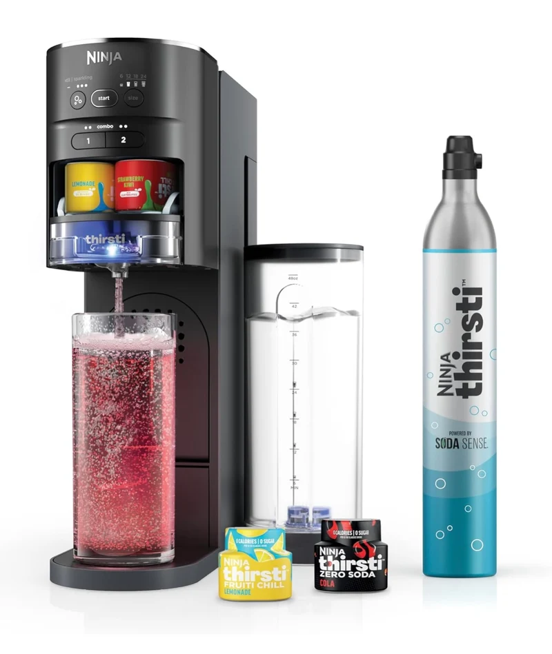 Ninja Thirsti Drink System, Soda Maker, Create Unique Sparkling & Still Drinks, Personalize Size & Flavor, Carbonated Water Machine, 60L CO2 Cylinder & Variety of Flavored Water Drops - Black