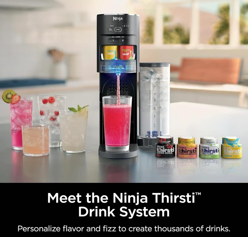 Ninja Thirsti Drink System, Soda Maker, Create Unique Sparkling & Still Drinks, Personalize Size & Flavor, Carbonated Water Machine, 60L CO2 Cylinder & Variety of Flavored Water Drops - Black