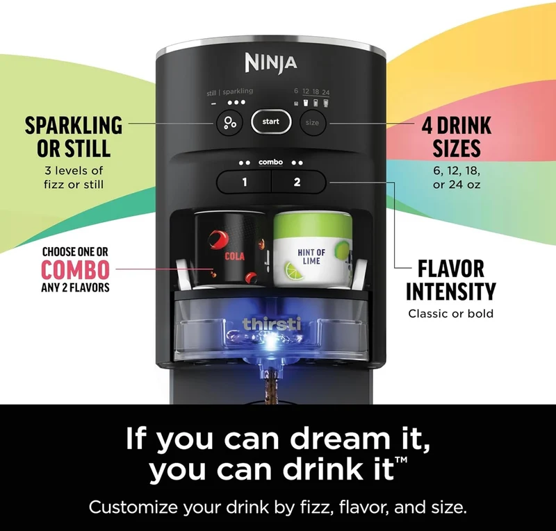 Ninja Thirsti Drink System, Soda Maker, Create Unique Sparkling & Still Drinks, Personalize Size & Flavor, Carbonated Water Machine, 60L CO2 Cylinder & Variety of Flavored Water Drops - Black