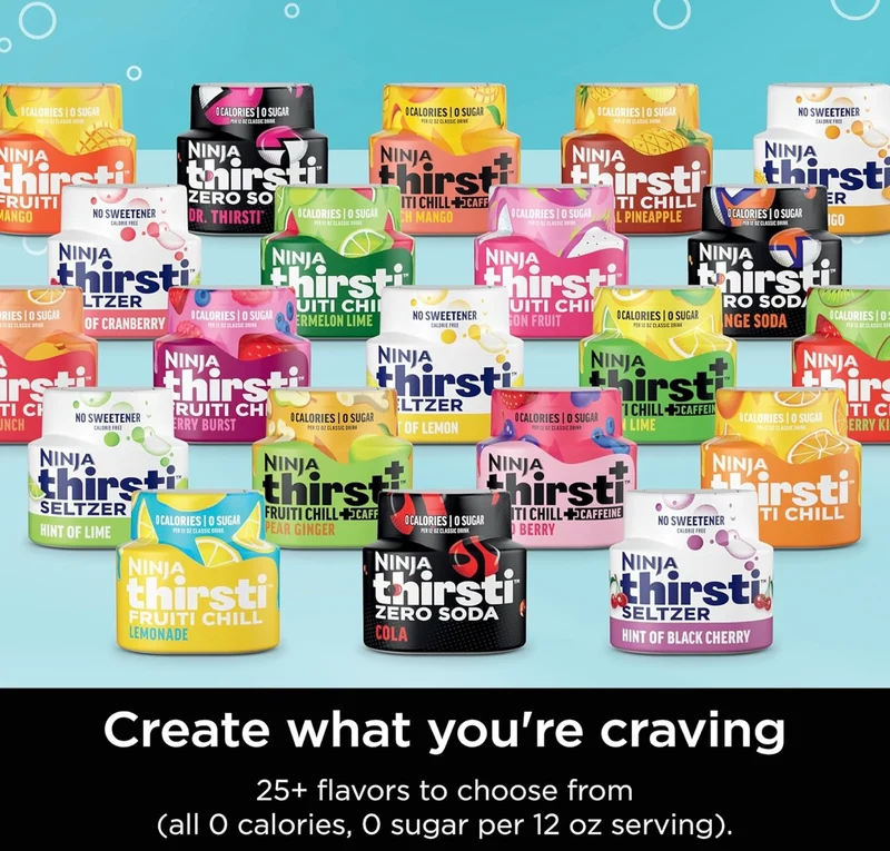 Ninja Thirsti Drink System, Soda Maker, Create Unique Sparkling & Still Drinks, Personalize Size & Flavor, Carbonated Water Machine, 60L CO2 Cylinder & Variety of Flavored Water Drops - Black