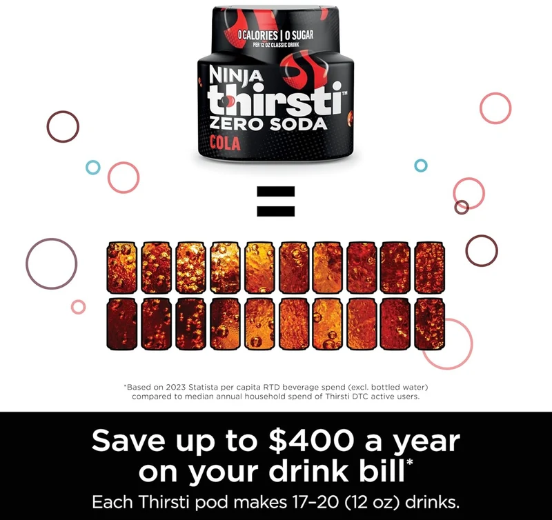 Ninja Thirsti Drink System, Soda Maker, Create Unique Sparkling & Still Drinks, Personalize Size & Flavor, Carbonated Water Machine, 60L CO2 Cylinder & Variety of Flavored Water Drops - Black