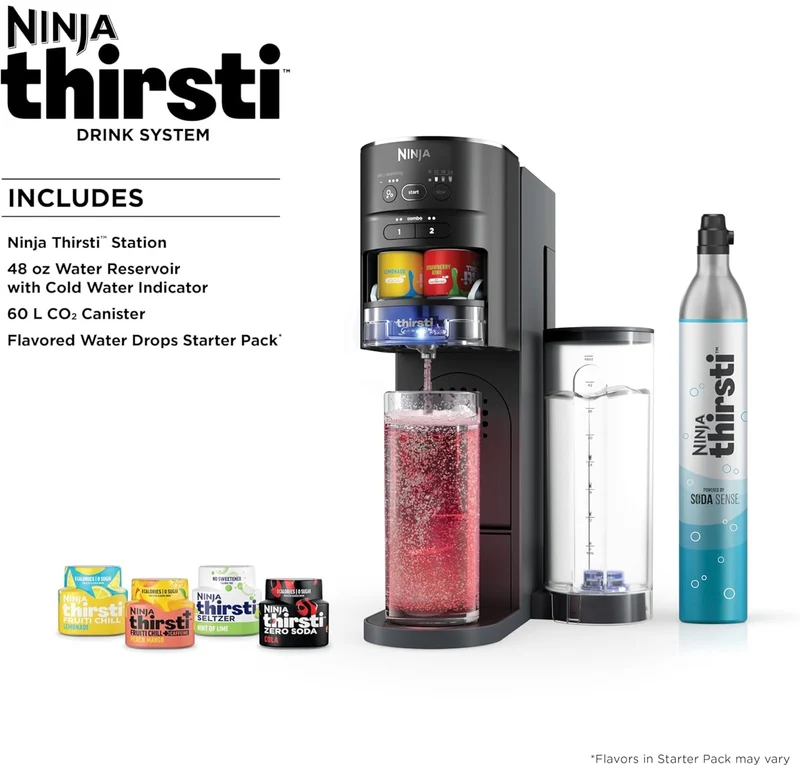 Ninja Thirsti Drink System, Soda Maker, Create Unique Sparkling & Still Drinks, Personalize Size & Flavor, Carbonated Water Machine, 60L CO2 Cylinder & Variety of Flavored Water Drops - Black