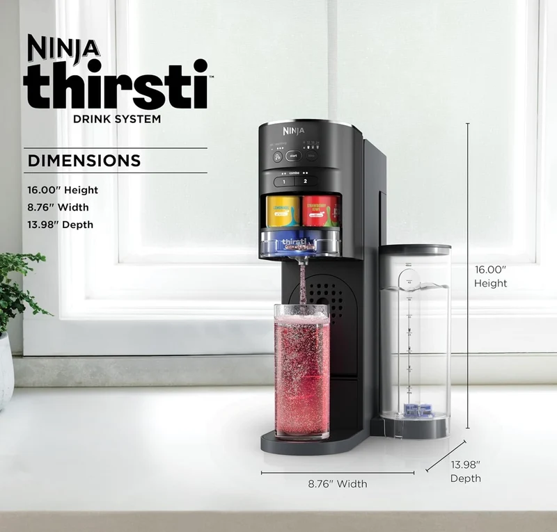 Ninja Thirsti Drink System, Soda Maker, Create Unique Sparkling & Still Drinks, Personalize Size & Flavor, Carbonated Water Machine, 60L CO2 Cylinder & Variety of Flavored Water Drops - Black