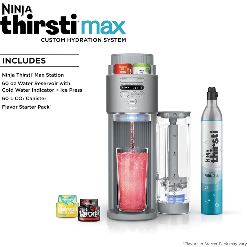 Ninja Thirsti Max Custom Hydration System, Soda Maker, Sparkling Water Maker, Custom Still & Sparkling Drinks, Compact Design, With 60L CO₂ Cylinder & Flavored Water Drops - Silver
