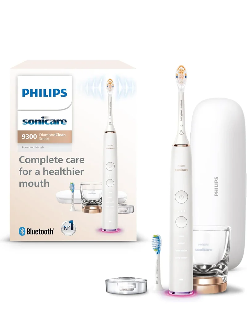 Philips Sonicare DiamondClean Smart 9300 Electric Toothbrush, Sonic Toothbrush with App, Pressure Sensor, Brush Head Detection, 4 Brushing Modes and 3 Intensity Levels - Rosegold, Model HX9903/65