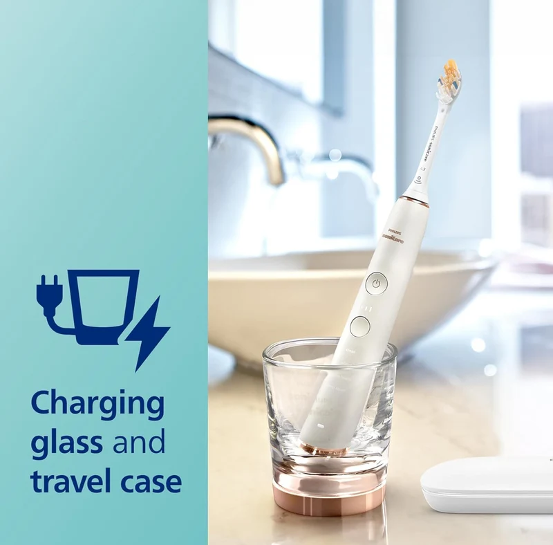 Philips Sonicare DiamondClean Smart 9300 Electric Toothbrush, Sonic Toothbrush with App, Pressure Sensor, Brush Head Detection, 4 Brushing Modes and 3 Intensity Levels - Rosegold, Model HX9903/65