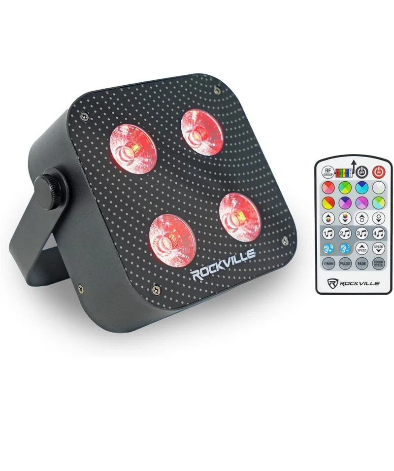 Rockville MINI RF4 V2 Black LED Wash Up Light, RGBWA+UV, Compact, App, Remote Control, LCD, Wireless DMX, Rechargeable, Perfect for DJ/Party Lighting