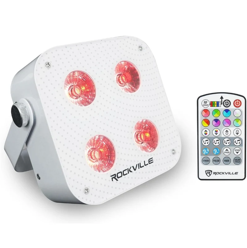 Rockville MINI RF4 V2 White LED Wash Up Light RGBWA+UV, Compact, App, Remote Control, LCD, Wireless DMX, Rechargeable, Perfect for DJ/Party Lighting