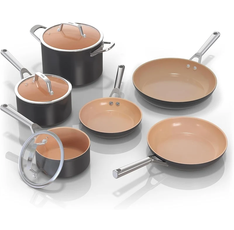 Ninja Pots and Pans Set Non Stick | Extended Life Premium Ceramic Cookware Set | 9-Piece Nonstick | PTFE Free | Oven Safe to 550°F | Induction Compatible | Frying Pan x3 | Cooking Pot x3 | CW99009