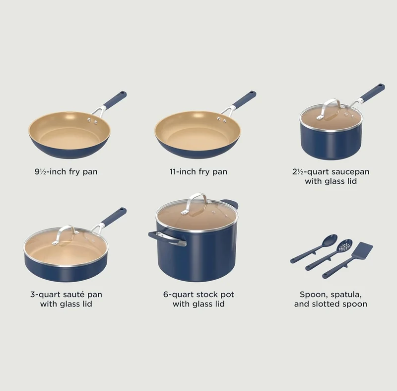 Ninja Ceramic Cookware Set, Extended Life 11-Piece Kitchen Cookware Sets with Comfort Grip, Nonstick Fry Pans, Pots, PTFE Free, Oven & Dishwasher Safe, Stovetop Compatible, Navy Blue, CW49011