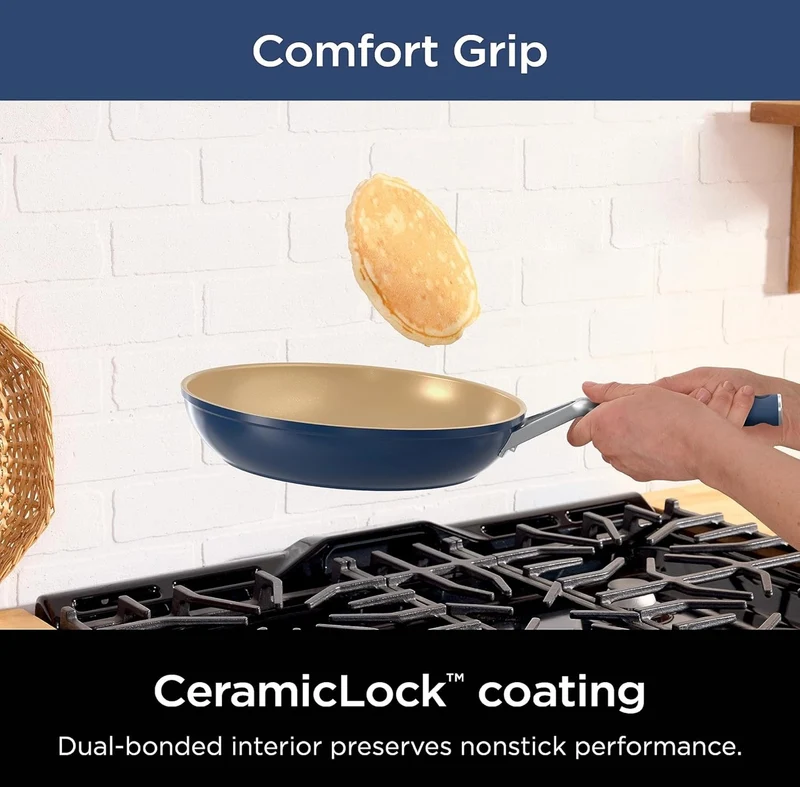 Ninja Ceramic Cookware Set, Extended Life 11-Piece Kitchen Cookware Sets with Comfort Grip, Nonstick Fry Pans, Pots, PTFE Free, Oven & Dishwasher Safe, Stovetop Compatible, Navy Blue, CW49011