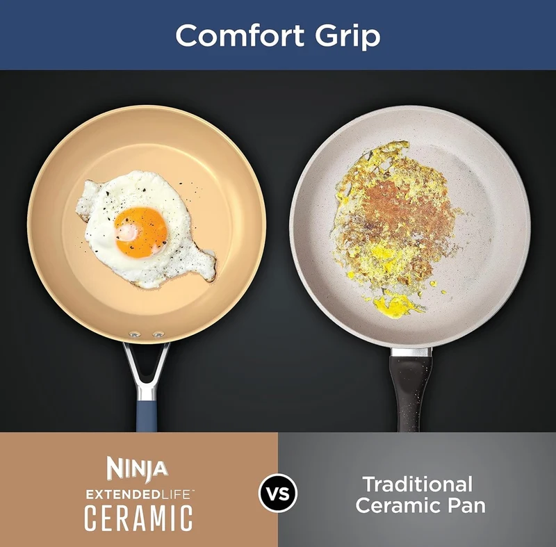 Ninja Extended Life Ceramic 8" Fry Pan with Comfort Grip, Nonstick Fry Pans, Pots, PTFE Free, Healthy Cooking, Oven Safe, Dishwasher Safe, All Stovetops & Induction Compatible, Navy Blue, CW40020