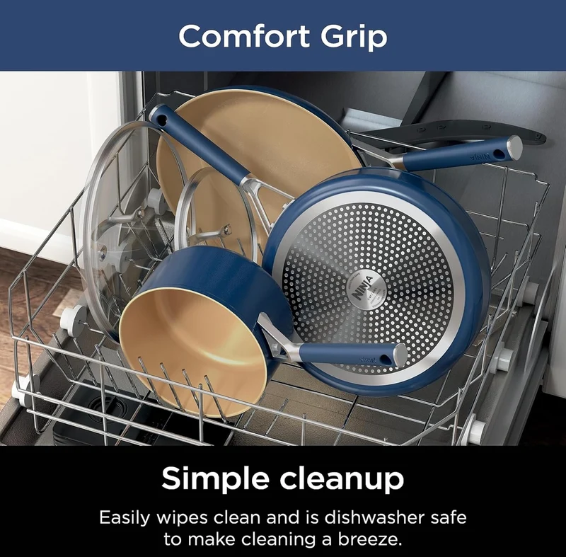 Ninja Extended Life Ceramic 8" Fry Pan with Comfort Grip, Nonstick Fry Pans, Pots, PTFE Free, Healthy Cooking, Oven Safe, Dishwasher Safe, All Stovetops & Induction Compatible, Navy Blue, CW40020