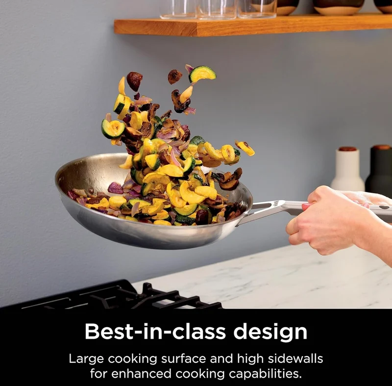 Ninja Everclad Commercial-Grade Stainless Steel Fry Pan, Tri-Ply Pans, Oven Safe to 600°F, All Stovetops & Induction Compatible, Stainless, C90030