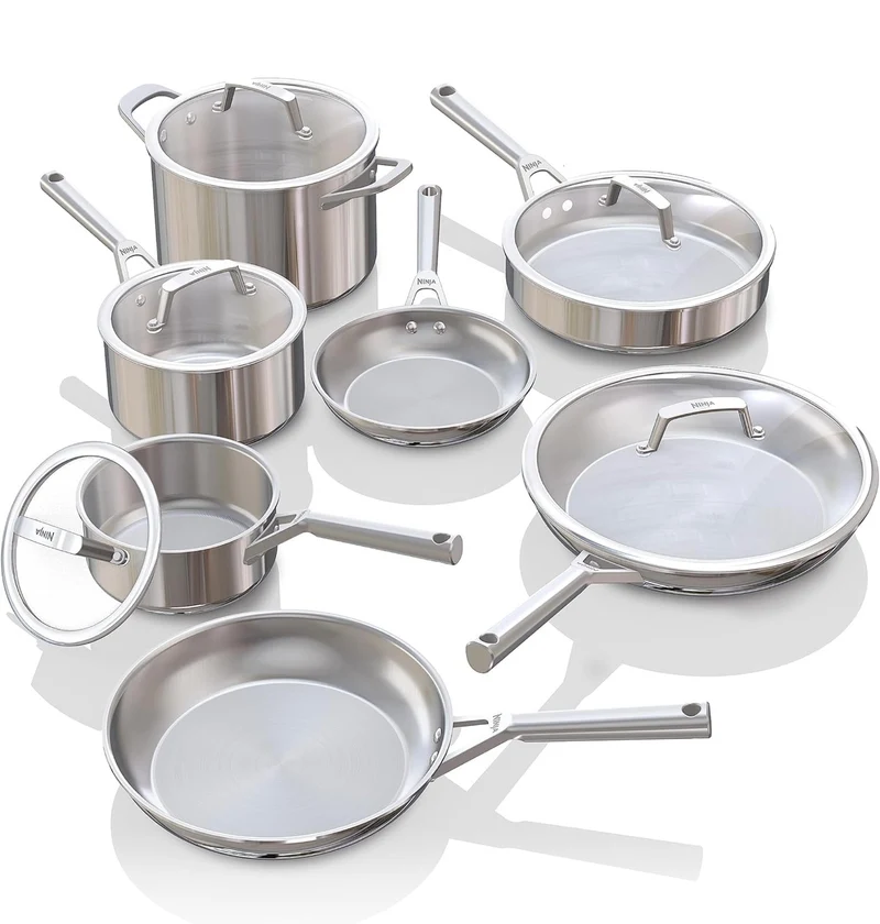 Ninja EverClad Stainless Steel Cookware 12 Piece Pots & Pans Set, All Stovetops & Induction, Oven Safe to 600°F, Tri-Ply Commercial-Grade, C99012