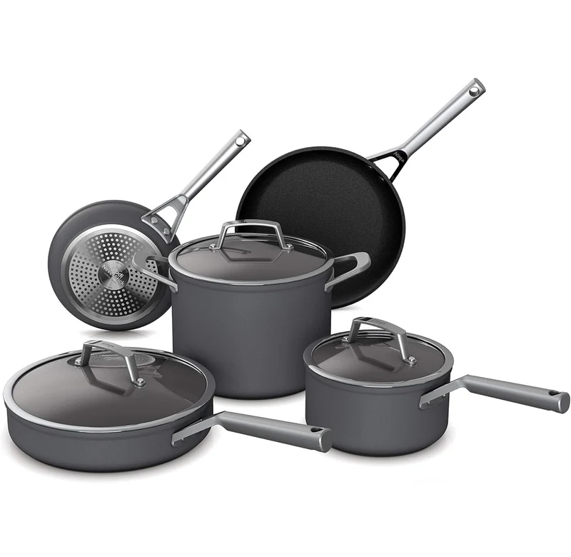Ninja C38000 Foodi NeverStick Premium 8-Piece Cookware Set with Glass Lids, Hard-Anodized, Nonstick, Durable & Oven Safe to 500°F, Slate Grey