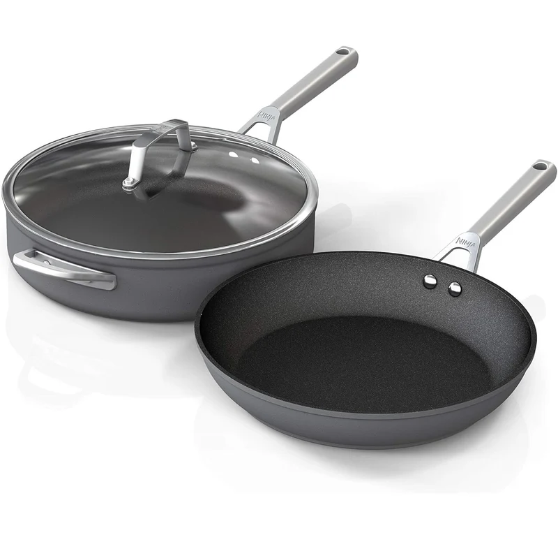 Ninja C33000 Foodi NeverStick Premium 3-Piece Cookware Set, 12-Inch Fry Pan, 5-Quart Sauté Pan with Glass Lid, Hard-Anodized, Nonstick, Durable & Oven Safe to 500°F, Slate Grey