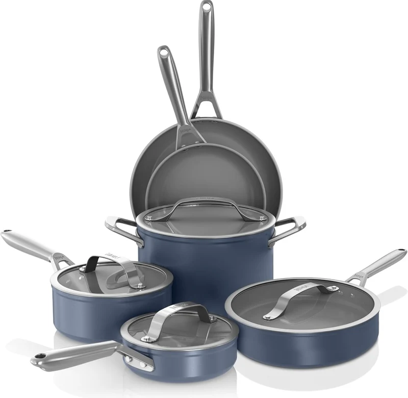 Ninja Ceramic Pro 10-Piece Cookware Set, Non-Stick Pots & Pans Set with Glass Lids, PTFE Free, Ceramic Coated, Stove to Oven Safe, All Stovetops & Induction Compatible, Midnight Blue, CW39010MM