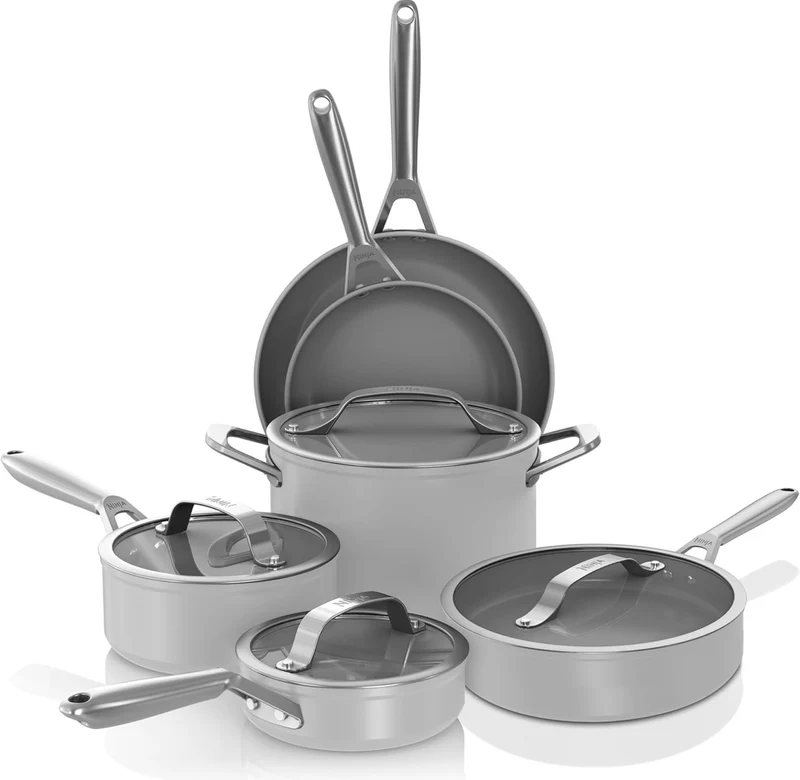 Ninja Ceramic Pro 10-Piece Cookware Set, Non-Stick Pots & Pans Set with Glass Lids, PTFE Free, Ceramic Coated, Stove to Oven Safe, All Stovetops & Induction Compatible, Neutral Gray, CW39010GY