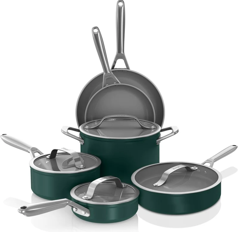 Ninja Ceramic Pro 10-Piece Cookware Set, Non-Stick Pots & Pans Set with Glass Lids, PTFE Free, Ceramic Coated, Oven Safe, All Stovetops & Induction Compatible, British Racing Green,