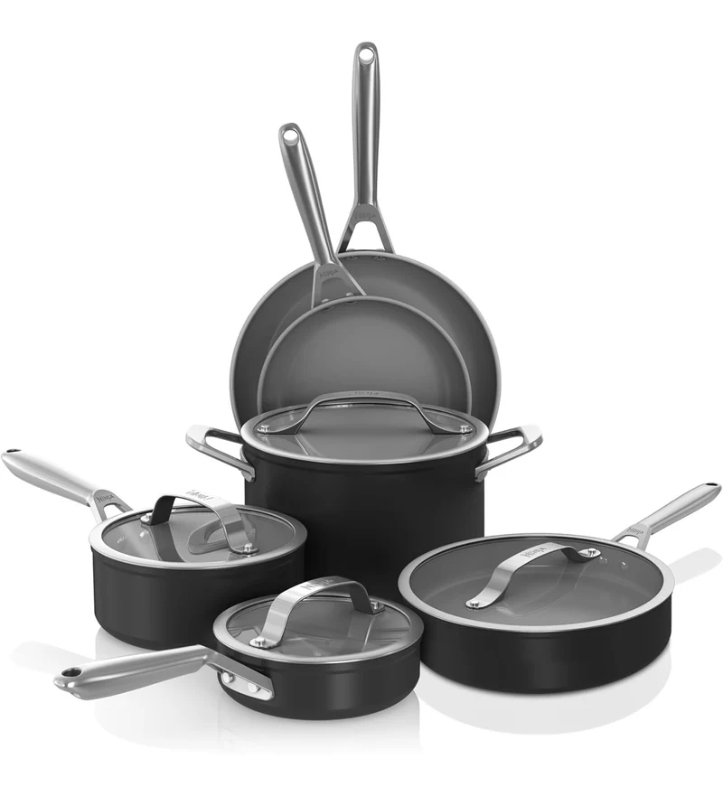Ninja Ceramic Pro 10-Piece Cookware Set, Non-Stick Pots & Pans Set with Glass Lids, PTFE Free, Ceramic Coated, Oven Safe, All Stovetops & Induction Compatible, Black, CW39010BK