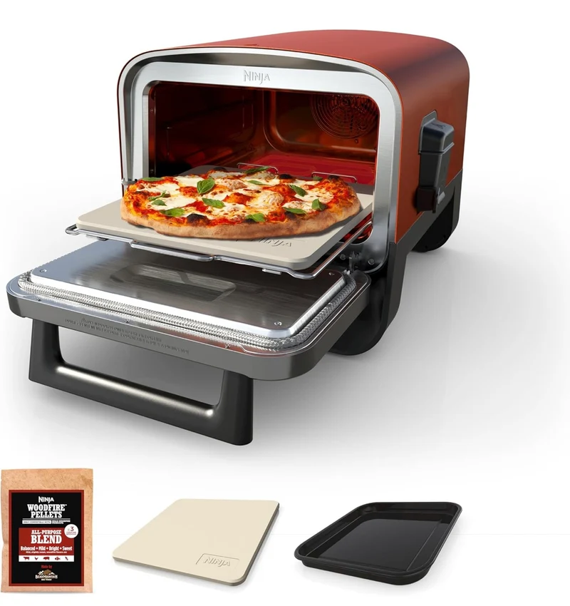 Ninja Woodfire Outdoor Pizza Oven, 8-in-1 Portable Electric Roaster Oven, Heats up to 700°F, 5 Artisan Pizza Settings, Integrated BBQ Smoker Box, Includes Flavored Wood Pellets, Terracotta Red