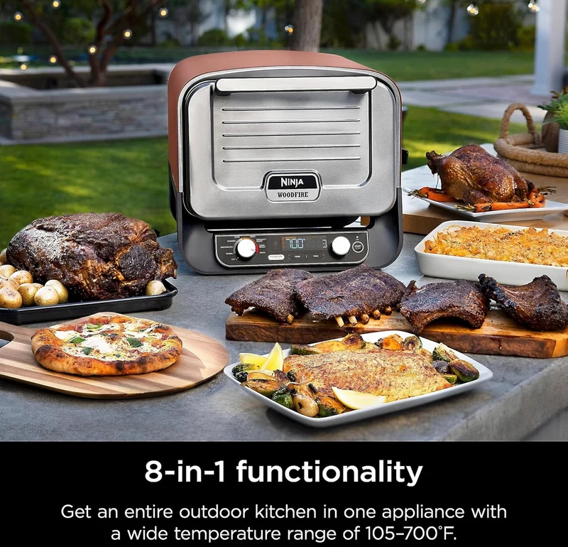 Ninja Woodfire Outdoor Pizza Oven, 8-in-1 Portable Electric Roaster Oven, Heats up to 700°F, 5 Artisan Pizza Settings, Integrated BBQ Smoker Box, Includes Flavored Wood Pellets, Terracotta Red