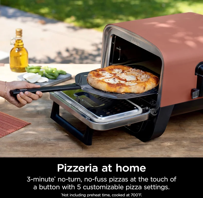 Ninja Woodfire Outdoor Pizza Oven, 8-in-1 Portable Electric Roaster Oven, Heats up to 700°F, 5 Artisan Pizza Settings, Integrated BBQ Smoker Box, Includes Flavored Wood Pellets, Terracotta Red
