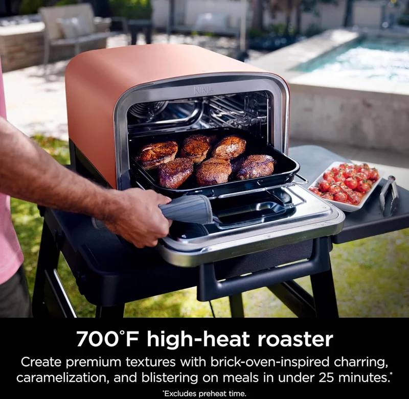 Ninja Woodfire Outdoor Pizza Oven, 8-in-1 Portable Electric Roaster Oven, Heats up to 700°F, 5 Artisan Pizza Settings, Integrated BBQ Smoker Box, Includes Flavored Wood Pellets, Terracotta Red