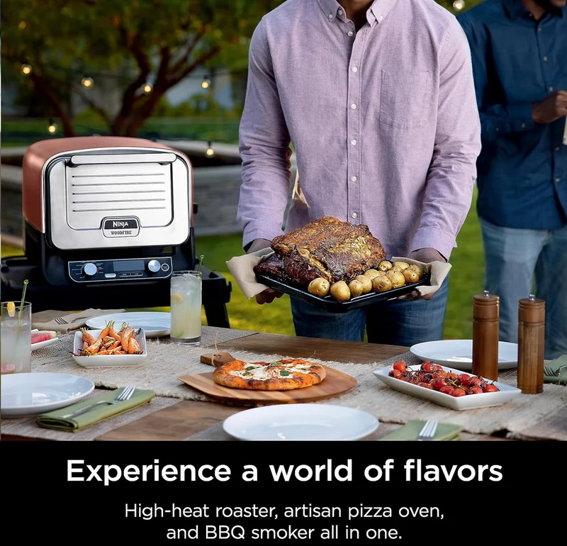Ninja Woodfire Outdoor Pizza Oven, 8-in-1 Portable Electric Roaster Oven, Heats up to 700°F, 5 Artisan Pizza Settings, Integrated BBQ Smoker Box, Includes Flavored Wood Pellets, Terracotta Red