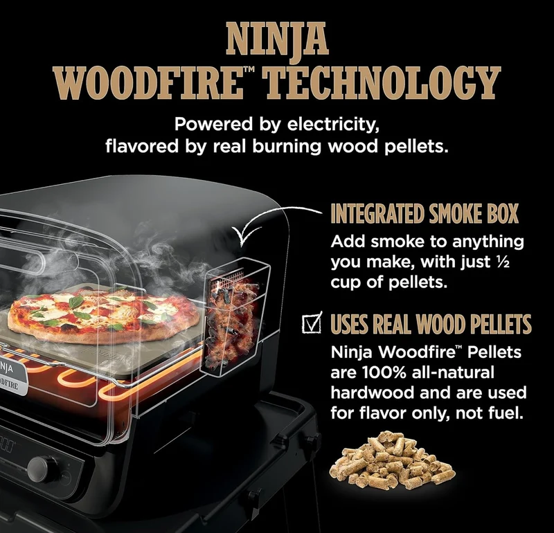 Ninja Woodfire Outdoor Pizza Oven, 8-in-1 Portable Electric Roaster Oven, Heats up to 700°F, 5 Artisan Pizza Settings, Integrated BBQ Smoker Box, Includes Flavored Wood Pellets, Terracotta Red