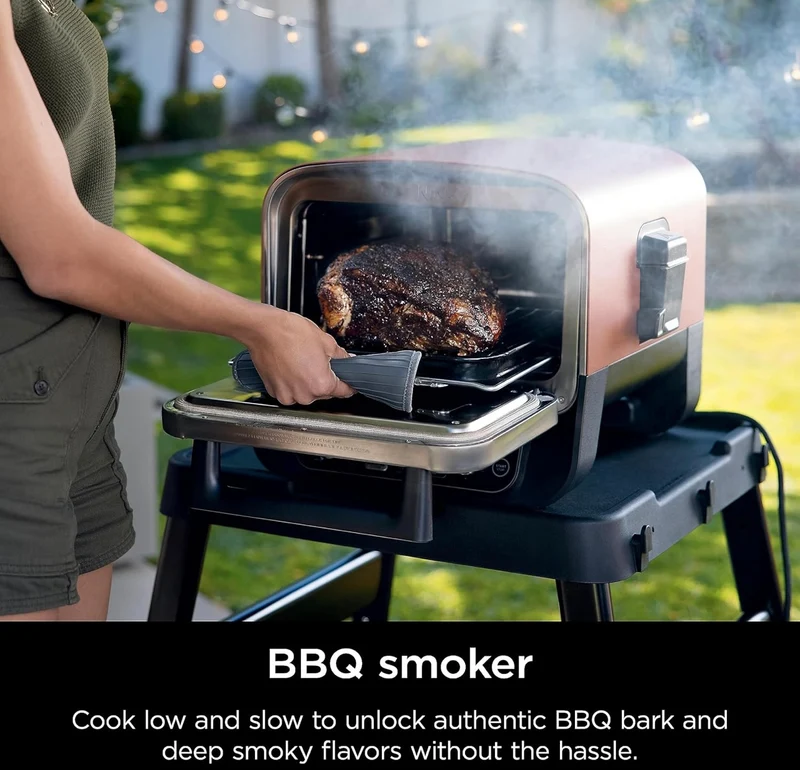 Ninja Woodfire Outdoor Pizza Oven, 8-in-1 Portable Electric Roaster Oven, Heats up to 700°F, 5 Artisan Pizza Settings, Integrated BBQ Smoker Box, Includes Flavored Wood Pellets, Terracotta Red